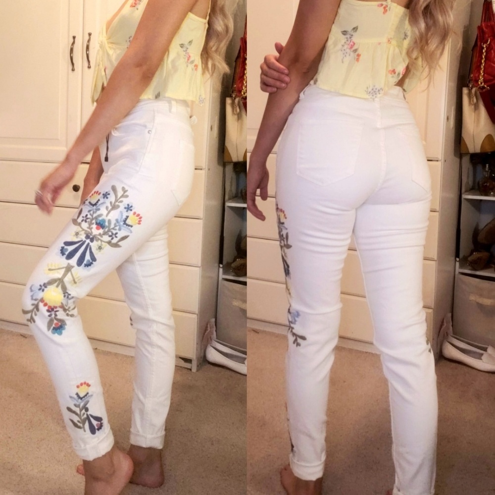 New Zara embroidered floral white Jeans 24 0 1